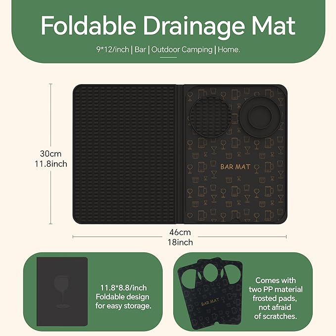 Bar Mat, Bar Accessories, Multifunctional Folding Cocktail Mat with Cutting Board, 18" X 12"(Black) Drying Mats,Bar Mat for Countertop,Bar Decorations for Home, Outdoor Bar Accessories,Travel