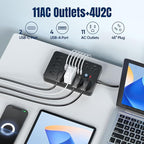 JouleLoom 10 FT Flat Plug Surge Protector Power Strip,11 Multiple AC Outlets with 6 USB Ports (2 USB C), 10 Feet Extension Cord, 1250W/10A, One Touch Switch Button, 17 in 1 Compact powerstrip