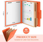 Skyygemm 60 Pcs Classification Folders Letter Size, 2 Divider Pressboard File Folders with 3. 5 Inch Expansion, 2 Prongs Fastener, Heavy Duty Office File Organizers for Teachers, Medical (Orange)