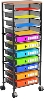 Simple Trending 12 Tier Rolling File Cart,Wood Desk File Organizer with Sliding Trays and Wetal Mesh Paper Letter Storage Multi-Functional Rolling Clutter Cart for Office, Home, School, Black