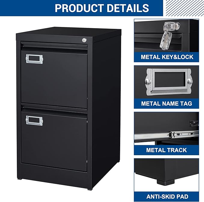 2 Drawers Vertical File Cabinets - 17.8" Deep Lockable Filing Cabinet - Black Metal Storage Cabinets for Home Office to Hanging Files Letter/Legal/F4/A4 Size
