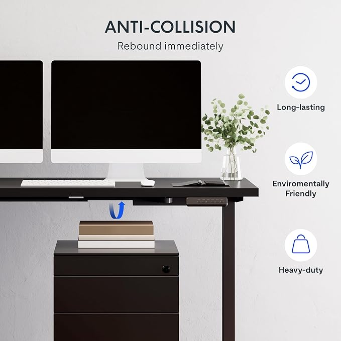 FLEXISPOT L Shaped Standing Desk, 63 x 55 Inch Electric Height Adjustable Corner Desk, Sit Stand Computer Workstation, Preset Controller, Home Office, Black Frame with Black Top, Black Drawer