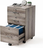 VINGLI 3-Drawer File Cabinet with Lock, Wood Rolling Filing Cabinets for Home Office, Mobile Printer Stand, Under Desk File Organizer for Letter Sized Files, 26" H(Caster Included),Gray Oak