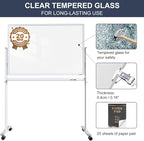 Mobile Clear Glass Whiteboard, 48 x 32 Inches Standing White Board on Wheels, Large Rolling Dry Erase Board with Stand, Transparent Tempered Glass Board for Office Home School, with Chart Paper