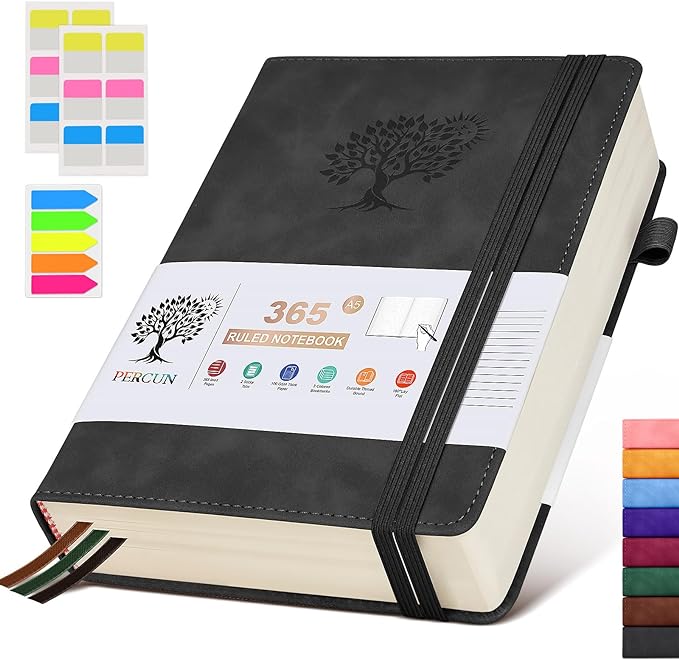 A5 Lined Journal Notebook - 365 Page Leather Journals for Writing Women & Men，Hardcover Notebook with 100Gsm Thick Pages，Daily Diary for Travel, Work，School，Note Taking，College Ruled (5.9" x 8.5")