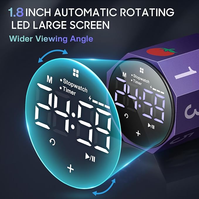 Digital Pomodoro Timer,Frosted Metal Productivity Cube Timer,1.8 in LED Digital Large Screen and Auto-Rotating Display,1/3/5/10/25/30/60min&Custom Time, Silent & Alarm,for Office, Study, Work(Purple)