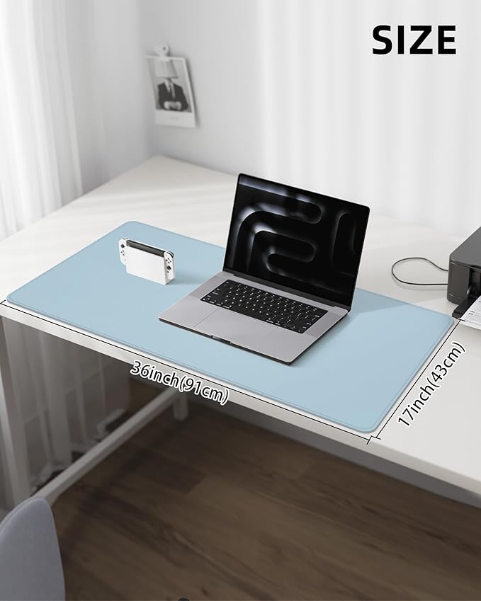 Leather Desk Pad Protector,Desk Mat,Large Mouse Pad, Non-Slip Desk Pad, Waterproof PU Leather Desk Blotter Mat, Desk Cover for Office and Home (Light Blue, 36" x 17")