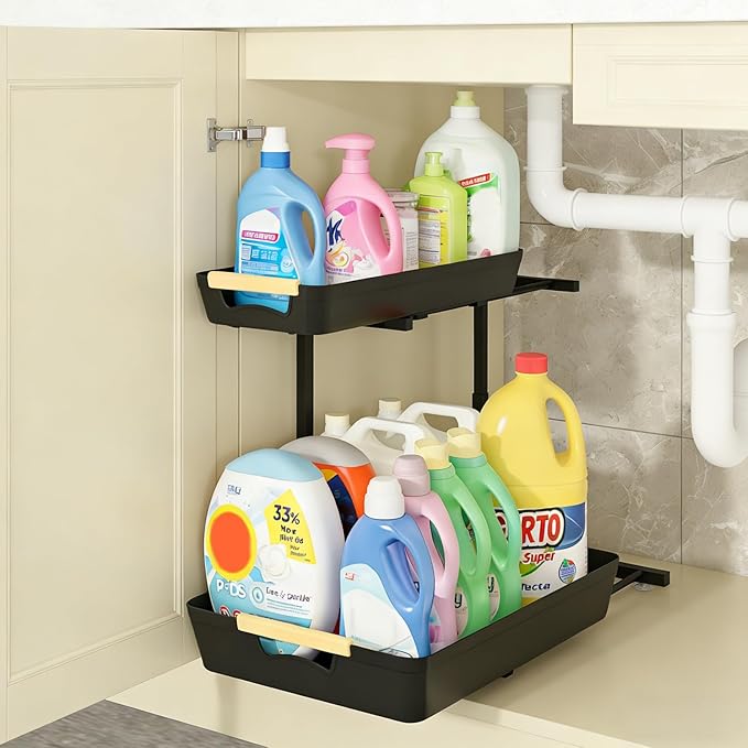 AMEDELE Under Sink Organizer,2 Tier Pull Out Adjustable Height Under Cabinet Storage,Under Sink Storage for Kitchen Bathroom Cabinet(1 Pack)