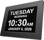 American Lifetime Large Digital Wall Clock for Seniors, Black Polished, 8-Inch High Resolution Display, Easy to Read, Customizable Alarms, Auto-Dimming, Multi-Language Support, Battery Backup