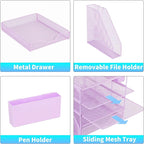 Gugsey Desk Organizer, 5-Tier Paper Letter Tray Organizer with File Holder, Drawer and Pen Holder, Desktop Organizer for Office Supplies, Purple