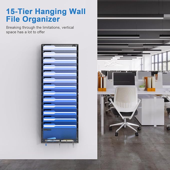 OUTWOLF 15 Tier Wall File Organizer with Hooks, Hanging Wall File Holder Wall Mount Paper Folder Organizer for Office, Magazine Rack