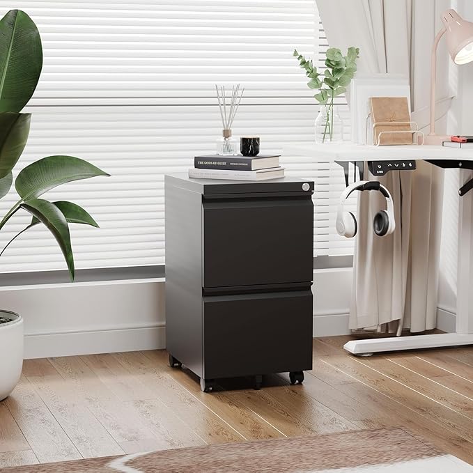 2 Drawer Metal File Cabinet with Lock, Rolling File Cabinets with Lock for A4/Legal/Letter Size, Under Desk Filing Cabinet for Home Office Assembly Required（Black）