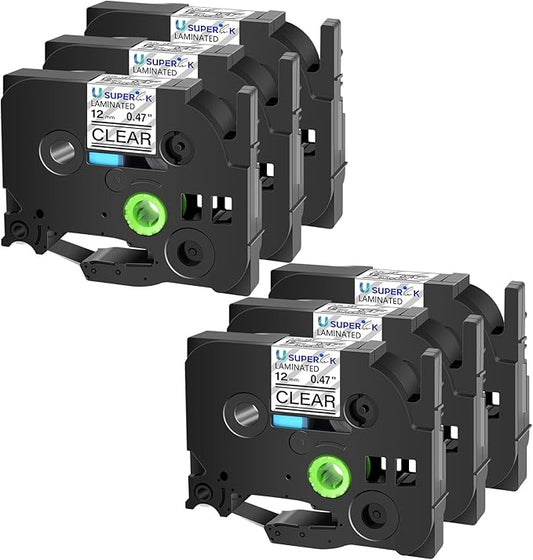 6PK Compatible for Brother P-Touch Label Maker Tape TZe-131 TZ-131 TZe131 TZ131 Black on Clear 12mm 1/2 inch 0.47'' x 26.2ft Laminated TZe TZ Label Tape for PT-H300LI P700 P710BT P750W