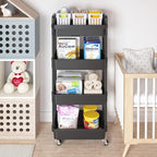 Calmootey 4-Tier Rolling Utility Cart with Drawer,Multifunctional Storage Organizer with Plastic Shelf & Metal Wheel,Storage Cart for Kitchen,Bathroom,Living Room,Office,Black