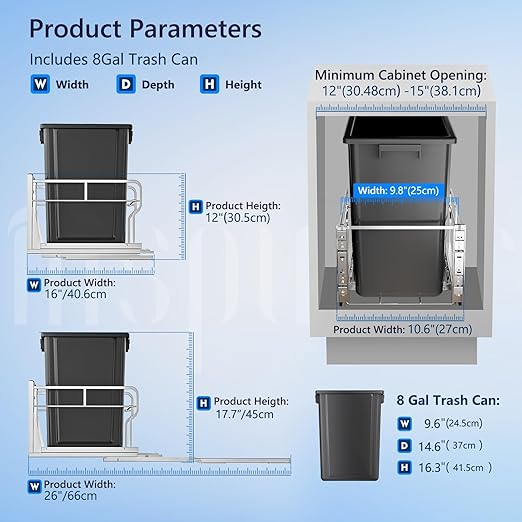 Insputer 8 Gal Pull Out Trash Can Under Cabinet, Heavy Duty Under Sink Garbage Can Kit with Soft-Close Slides for Kitchen, Laundry, Requires Minimum Cabinets Opening 12" W X 18" D