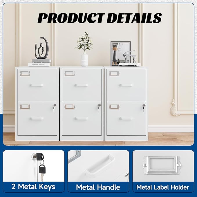 2 Drawers File Cabinet White Metal Vertical Filing Cabinets Metal Lockable Storage Cabinets with Lock for Home Office to Hanging Files