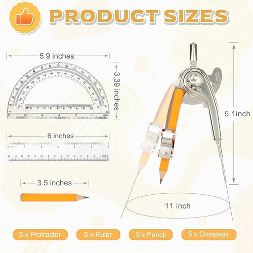 20 Pieces Geometry Math Set Compass for Geometry Math Compass and Protractor Set Include Metal Compass with Pencil Plastic Ruler and Protractor for Student School Office Woodworking Drawing Tools