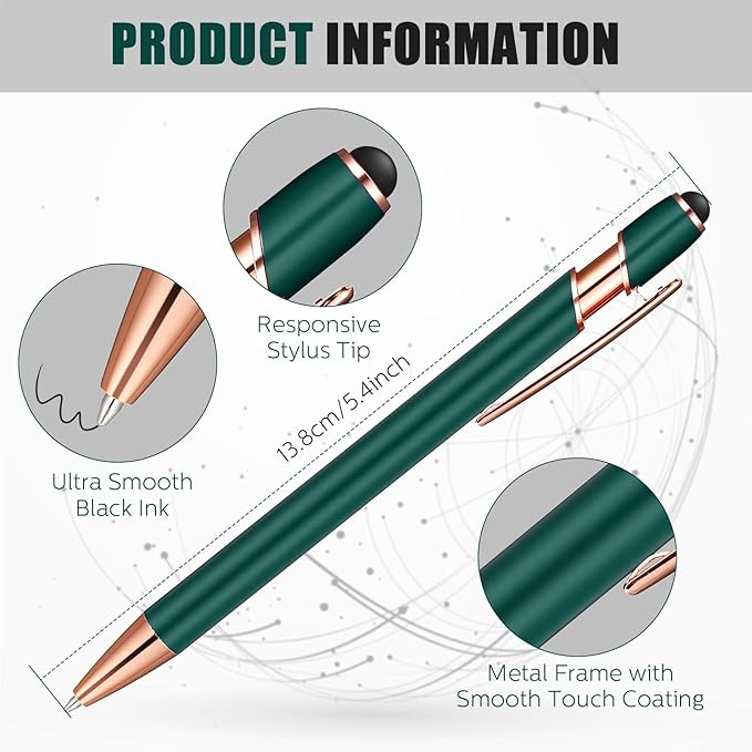 Tenare 12 Pieces 2 in 1 Stylus Metal Ballpoint Pen with Stylus Tip, 1.0 mm Black Ink Ballpoint Pen for Touch Screens(Green and Rose Gold)