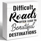 Inspirational Wood Box Sign - "Difficult Roads To Beautiful Destinations" Motivational Message - 5x5x1 Inch Uplifting Home & Office Decor