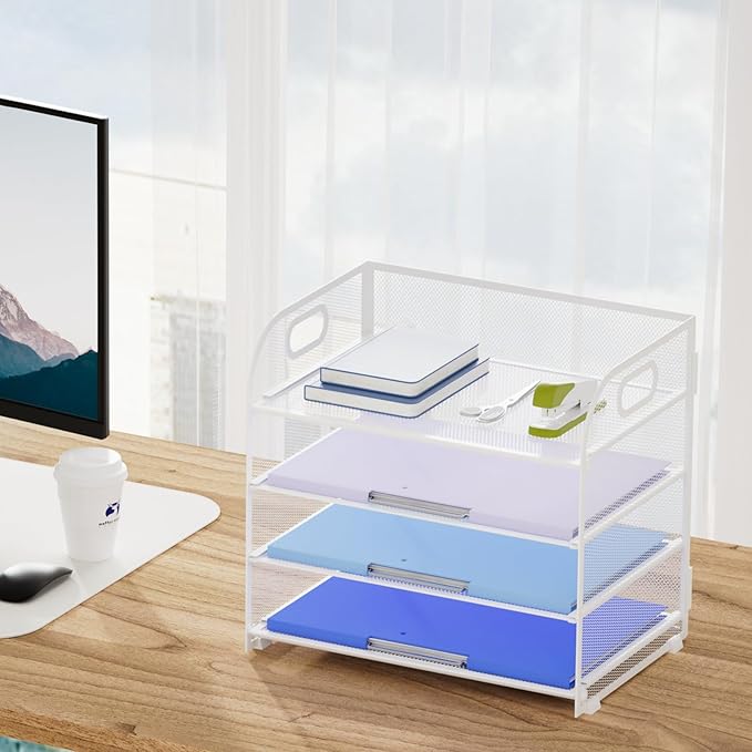 Marbrasse 2 Pack 4 Tier Paper Organizer Letter Tray - Mesh Desk File Organizer with Handle, Paper Sorter Organizer for Letter/A4 Office File Folder Holder (White, 12.6" x 9.1" x 10.7")