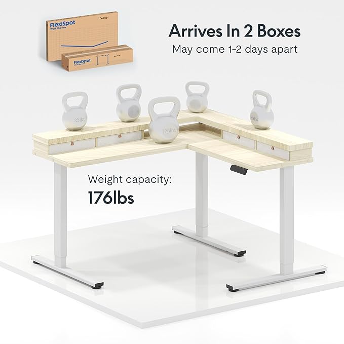 FLEXISPOT 63" L Shaped Standing Desk with Shelf Electric Corner Table, Drawers, Adjustable Computer Workstation for Home, Office, 63x55in, Light Maple Top + White Frame