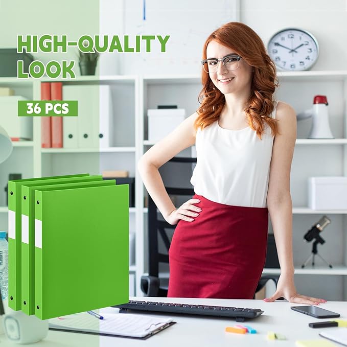 Henoyso 36 Pcs 3 Ring Binder 0.5 Inch Round Fits Letter Size 8.5'' x 11'' Paper Plastic Flexible Binder Bulk Holds 140 Sheets with 1 Pockets Versatile Organizer for Home Office School (Tender Green)