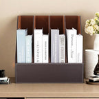 KINGFOM 4-Slot Wood Leather Document Files Holder Rack Stand Desk Files Organizer Papers Collection Cabinet (4 slot brown)
