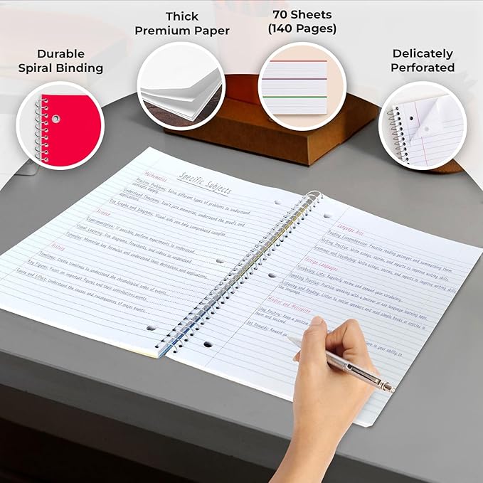Rosmonde Spiral Notebook, 12 Pack, 1 Subject, College Ruled, 70 Sheets, 8 x 10-1/2", 3 Hole Punched, Bulk College Ruled Notebooks for School, Single Subject Spiral Notebook Bulk, Assorted Colors