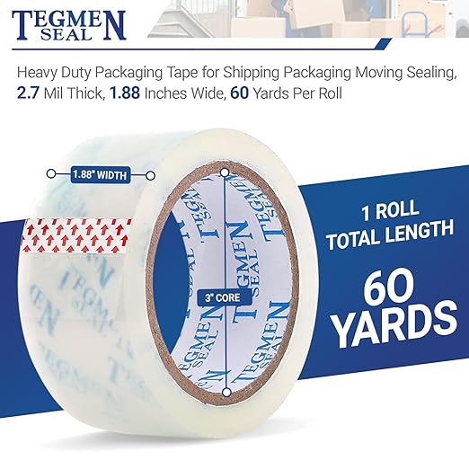 TegmenSeal Heavy Duty Clear Packing Tape with Dispenser Combo for Shipping, Moving & Storage,Thicker Clear Packing Tape, 1.88 inches Wide, 60 Yards Per Roll, 18 Pack 1080 Total Yards