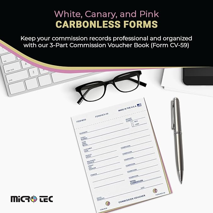 Commission Voucher Book CV-59-3 Part Carbonless Forms, Triplicate NCR Receipt Book, Snap-Out Pre-Punched with File Holes Commission Vouchers, Blue Ink, 4.25 x 5.625 Inch - Pack of 300