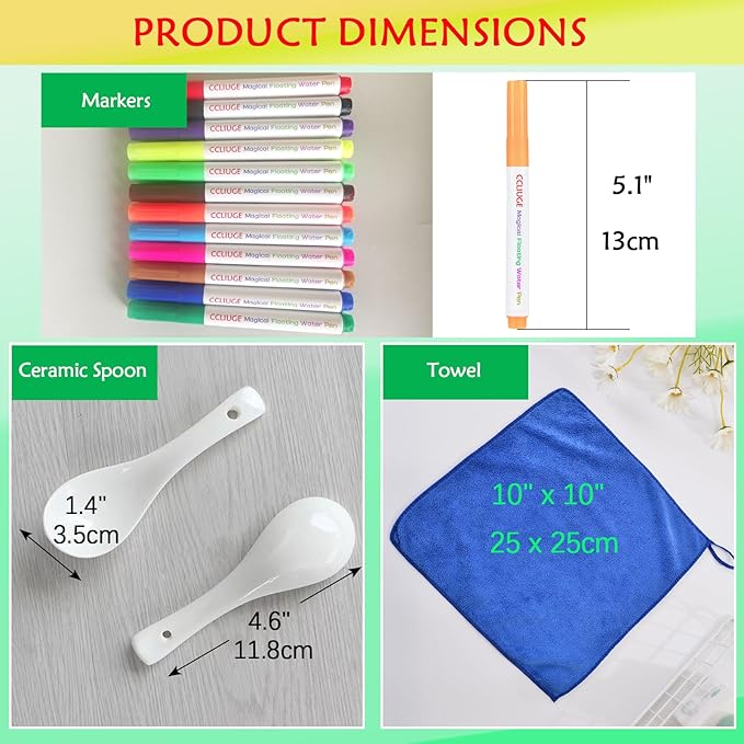 Kiddies Create Magical Floating Drawings Bundle, 12 Colors Magic Drawing Pens for Kids Water, Magical Water Painting Pen Set with Spoons & Towel, Water Art Markers for Tattoo, Gifts for Boys & Girls