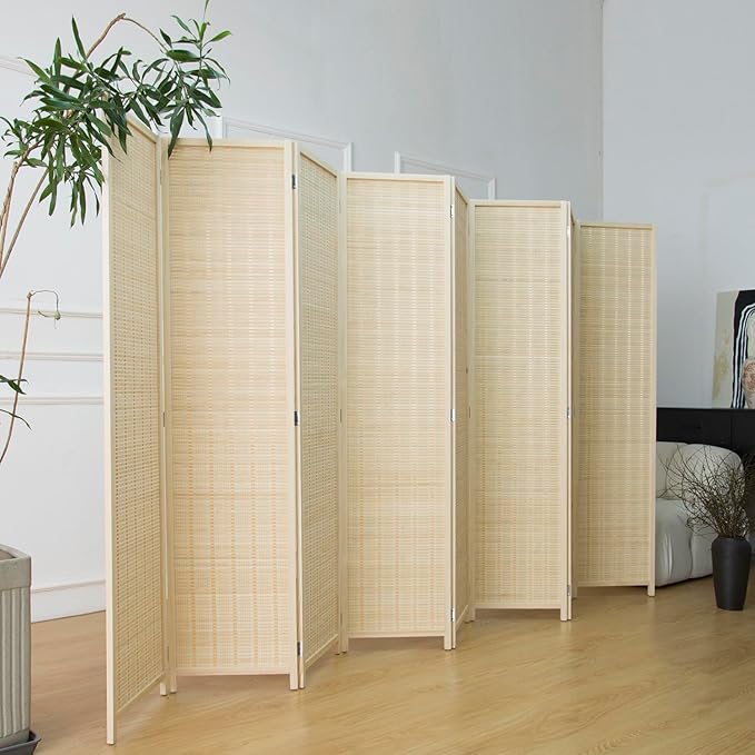 Furnnylane 8 Panel Room Divider and Folding Panel Screen,Bamboo Panel Divider Screen for Room Separation,Beige,67" H x 122.8" W