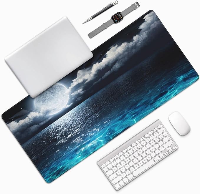CANFLASHION Gaming Mouse Pad,Large Mouse Pads for Desk,Non-Slip Rubber Base Extended Mousepad,XXL Keyboard Mouse Mat,Computer Keyboard Desk Pad with Stitched Edges,35.4x15.8inch,Full Moon On Sea Night