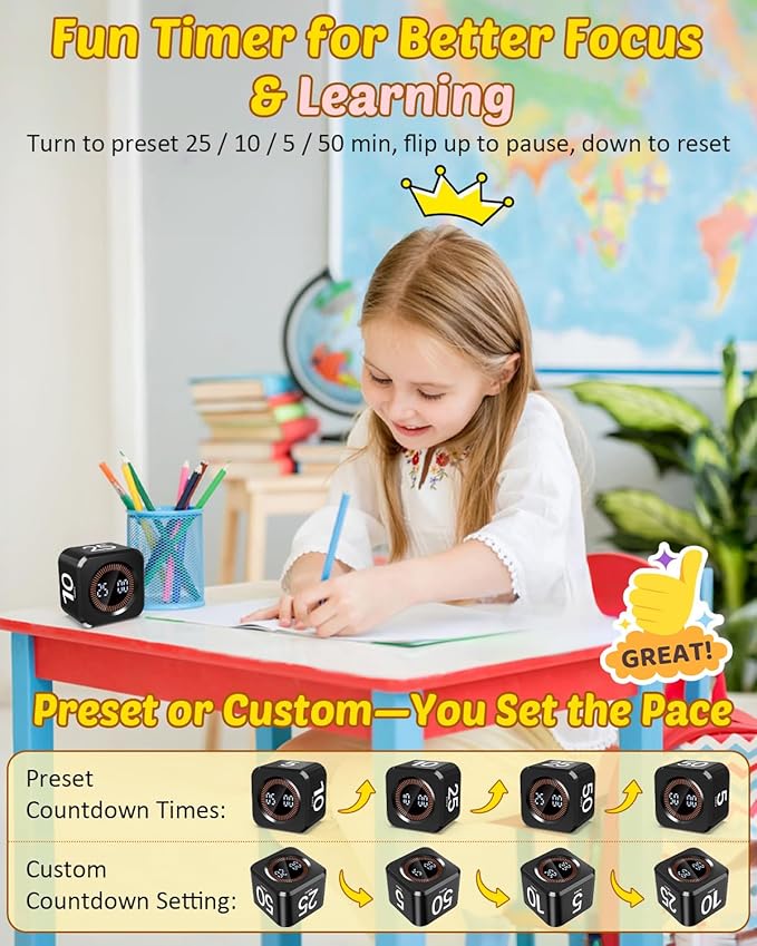 Digital Pomodoro Timer Cube 5/10/25/50min, Visual Productivity Flip Timer for Kids Classroom Desk, Custom Countdown, Silent and Sound Mode for ADHD Study Work Game Kitche(Black)