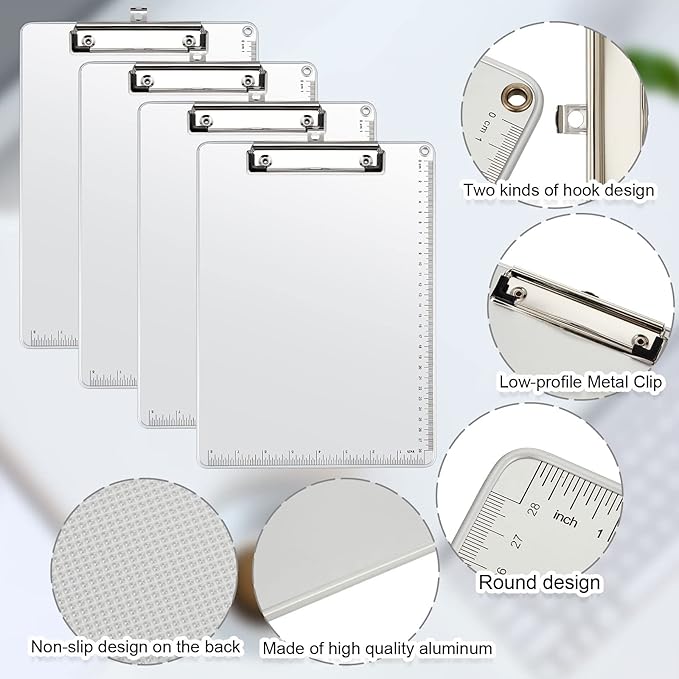 16 Pieces Metal Clipboard, A4 Letter Size 12.5 x 9 Inch Aluminum Edge Document Holder with Scale Aluminum Edge Clipboard with Low Profile Clip Vertical Silver Hardboard for Office