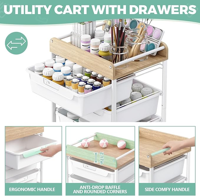 Rolling Storage Utility Cart With 6 Drawers,Art Supply Craft Organizer,Sewing Makeup Organizer And Storage,Office Organization Wooden Tabletop,White