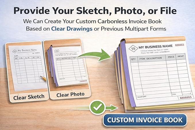 Custom Carbonless Invoice Book with Logo, Personalized Cover & Inner Pages, 2 Part NCR Receipt & Work Order Forms, Easy Tear, Writing Shield for Small Business (Upload Your Design, 11.8x8.3INCH)