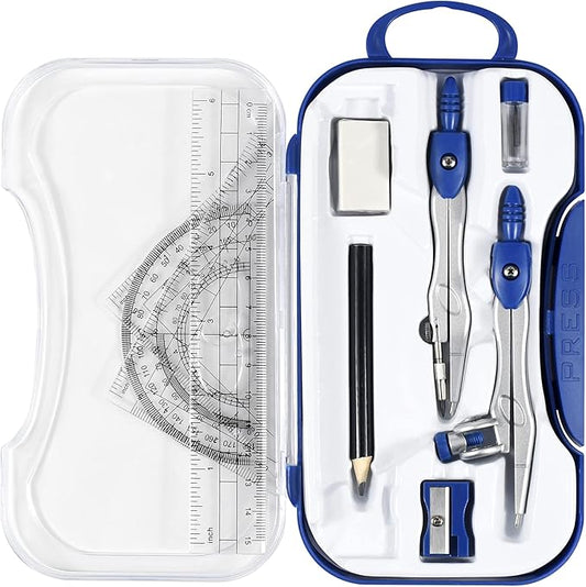10 Pieces Math Geometry Kit Set Student Supplies with Shatterproof Storage Box,Includes Rulers,Protractor,Compass,Eraser,Pencil Sharpener,Lead Refills,Pencil,for School and Drawings（Navy Blue）
