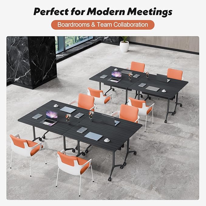 Goakwwuz Conference Room Table, Folding Conference Tables,Thicken Grey Tabletop,Flip Top Wooden Seminar Meeting Room Table for Conference Room Offices (6, BlackWoodGrain, 55.1”)