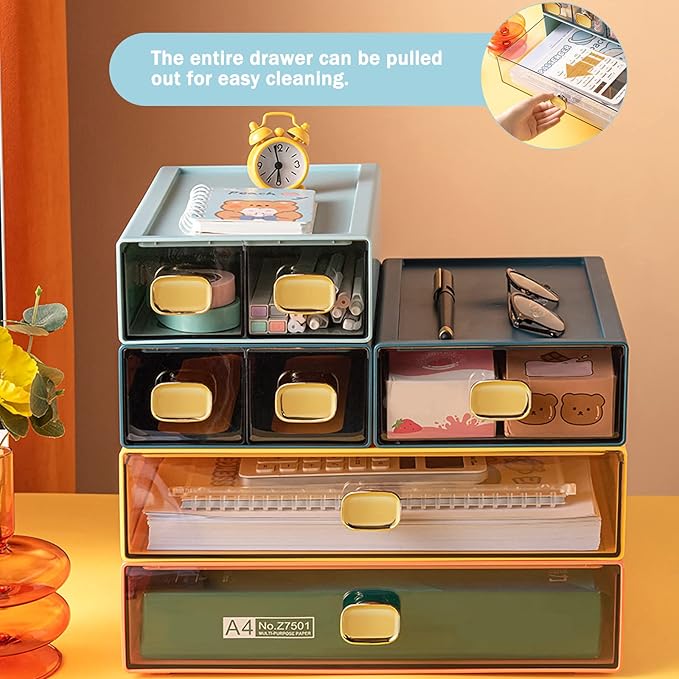 DETEIN 2PACK Stackable Drawer for Desk 6.5"x9"x3" Desktop Storage Organizer with Drawer Plastic Organizer Box Storage Container for Stationery, Makeup, Bathroom (Orange, M - 1 Drawer)
