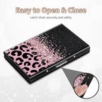 BWEGRHE Slim Credit Card Holder, Pink Glitter Leopard RFID Blocking Metal Wallet for Men & Women, Aluminum Minimalist Hard Case Pocket-Sized Business Cards Organizer (Fits Up to 10 Cards)