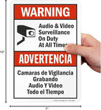 SmartSign 10 x 7 inch “Warning - Audio & Video Surveillance On Duty At All Times” Bilingual Sticker Label, 3 mil Laminated Adhesive Polyester, Red, Black and White, Made in USA