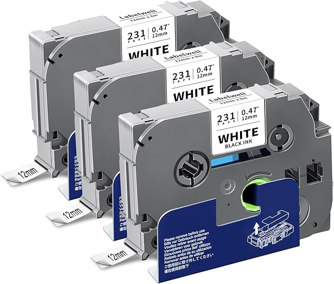 3-Pack TZe-231 Label Tape Compatible for Brother TZe 12mm 0.47 Inch Laminated White TZ-231 TZe231 1/2 Inch for Ptouch PT-D220 PT-D210 PT-H110 D410 D600 Label Maker, Black on White