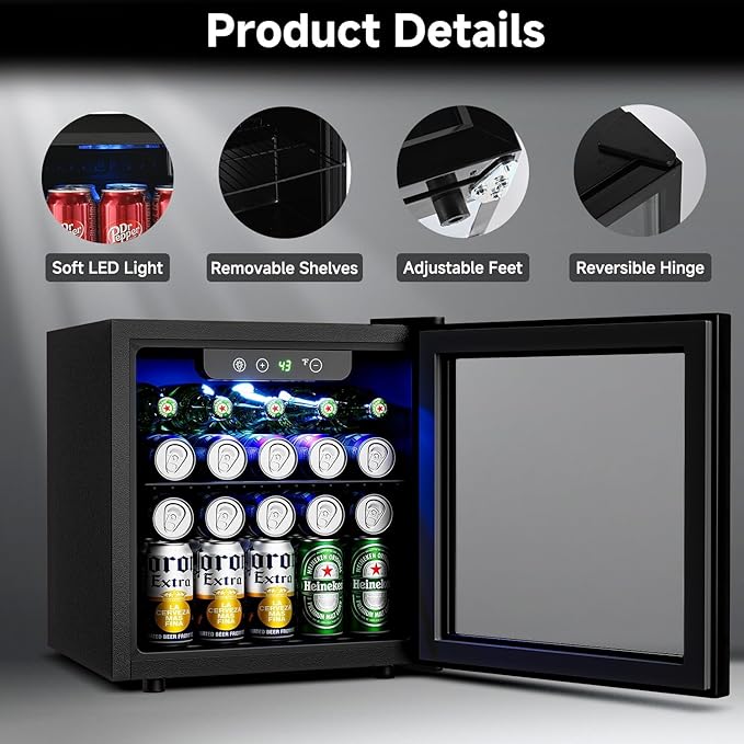 50 Cans Beverage Refrigerator Cooler, 1.3 Cu.Ft Mini Fridge with Glass Door for Soda Beer Drink Wine, Countertop Small Fridge for Bedroom Dorm Office Home Bar, Black
