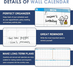 MAKELLO Large Magnetic Dry Erase Calendar Whiteboard Yearly 43" x 31" for Home, Bedroom, Office, Classroom, 12 Months
