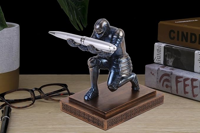 Amoysanli Knight Pen Holder Desk Organizers and Accessories Desk Decor Resin Pen Holder as Gift with a Cool Pen for Office and Home (Blue)