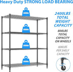 Homdox 60”W Storage Shelves, 4 Tier Heavy Duty Wire Shelving Unit with Wheels, 2400LBS Commercial Adjustable Metal Shelves for Storage, Garage Rack Pantry Shelves Kitchen Shelving, 24"x60"x72", Black