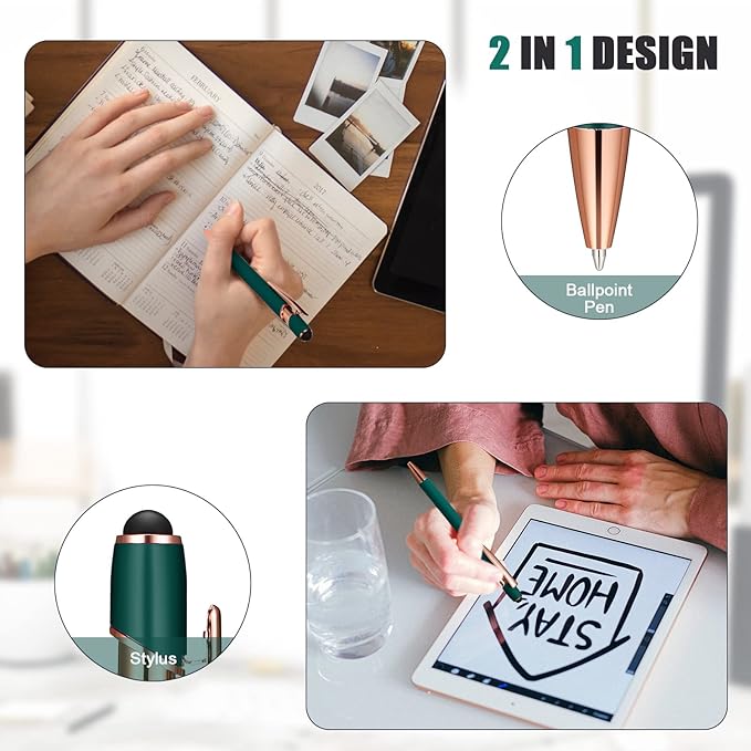 Tenare 12 Pieces 2 in 1 Stylus Metal Ballpoint Pen with Stylus Tip, 1.0 mm Black Ink Ballpoint Pen for Touch Screens(Green and Rose Gold)