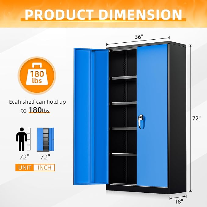 INTERGREAT Storage Cabinet,72”H Garage Steel Locking Cabinets with Doors and 4 Adjustable Shelves, Tall Lockable File Tool Cabinet for Home Office, Metal Classroom Cabinets Basement, Black-Blue