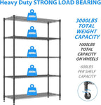 Homdox 5 Tier Storage Racks and Shelving, 24"x60"x82" Heavy Duty Metal Shelves for Storage, 3000LBS Commercial Adjustable Wire Shelving Unit on Wheels for Garage, Pantry, Kitchen, Warehouses, Black